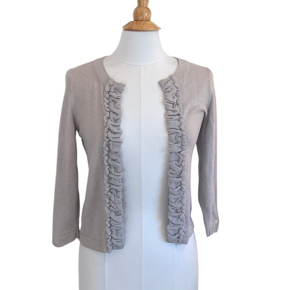 Banana Republic Factory Light Gray 3/4 Sleeve Cardigan Ruffle Trim, Coquette, XS